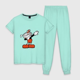 Женская пижама хлопок с принтом Cuphead Dab в Петрозаводске, 100% хлопок | брюки и футболка прямого кроя, без карманов, на брюках мягкая резинка на поясе и по низу штанин | 