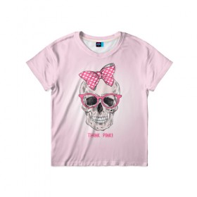 Детская футболка 3D с принтом Think pinki в Петрозаводске, 100% гипоаллергенный полиэфир | прямой крой, круглый вырез горловины, длина до линии бедер, чуть спущенное плечо, ткань немного тянется | Тематика изображения на принте: бантик | очки | розовый | череп