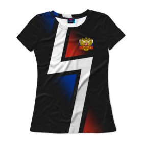 Женская футболка 3D с принтом RUSSIA - Tricolor Collection в Петрозаводске, 100% полиэфир ( синтетическое хлопкоподобное полотно) | прямой крой, круглый вырез горловины, длина до линии бедер | russia  | герб | россия | флаг