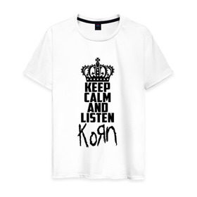 Мужская футболка хлопок с принтом Keep calm and listen Korn в Петрозаводске, 100% хлопок | прямой крой, круглый вырез горловины, длина до линии бедер, слегка спущенное плечо. | korn | koяn | арвизу | дэвис | корн | коян | лузье | манки | уэлч | филди | филипп | хэд | шаффер