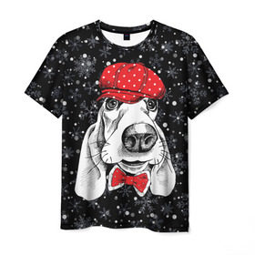 Мужская футболка 3D с принтом Бассет-хаунд в Петрозаводске, 100% полиэфир | прямой крой, круглый вырез горловины, длина до линии бедер | bow | breed | cap | christmas | dog | holiday | new year | red | wint | бант | бассет хаунд | белый | взгляд | горошек | зима | красный | новый год | порода | праздник | рождество | снег | снежинки | собака | фуражка