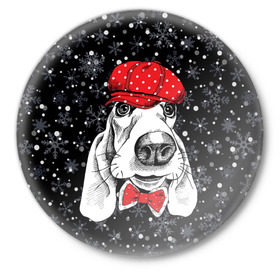 Значок с принтом Бассет-хаунд в Петрозаводске,  металл | круглая форма, металлическая застежка в виде булавки | bow | breed | cap | christmas | dog | holiday | new year | red | wint | бант | бассет хаунд | белый | взгляд | горошек | зима | красный | новый год | порода | праздник | рождество | снег | снежинки | собака | фуражка
