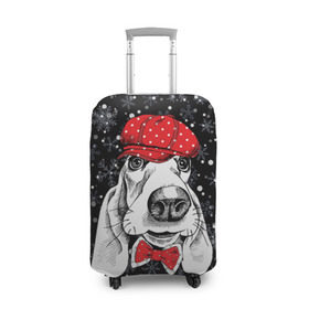 Чехол для чемодана 3D с принтом Бассет-хаунд в Петрозаводске, 86% полиэфир, 14% спандекс | двустороннее нанесение принта, прорези для ручек и колес | bow | breed | cap | christmas | dog | holiday | new year | red | wint | бант | бассет хаунд | белый | взгляд | горошек | зима | красный | новый год | порода | праздник | рождество | снег | снежинки | собака | фуражка