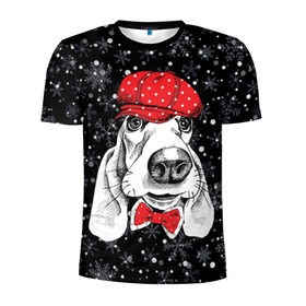Мужская футболка 3D спортивная с принтом Бассет-хаунд в Петрозаводске, 100% полиэстер с улучшенными характеристиками | приталенный силуэт, круглая горловина, широкие плечи, сужается к линии бедра | Тематика изображения на принте: bow | breed | cap | christmas | dog | holiday | new year | red | wint | бант | бассет хаунд | белый | взгляд | горошек | зима | красный | новый год | порода | праздник | рождество | снег | снежинки | собака | фуражка