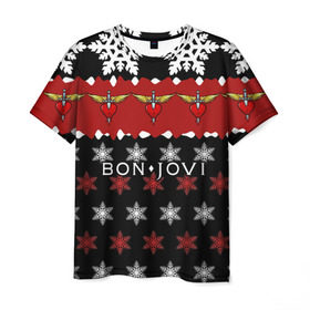 Мужская футболка 3D с принтом Праздничный Bon Jovi в Петрозаводске, 100% полиэфир | прямой крой, круглый вырез горловины, длина до линии бедер | bon | jovi | бон | группа | джови | новогодний | новый год | праздник | рождество | рок | снежинки