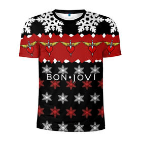 Мужская футболка 3D спортивная с принтом Праздничный Bon Jovi в Петрозаводске, 100% полиэстер с улучшенными характеристиками | приталенный силуэт, круглая горловина, широкие плечи, сужается к линии бедра | bon | jovi | бон | группа | джови | новогодний | новый год | праздник | рождество | рок | снежинки