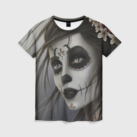 Женская футболка 3D с принтом Skull в Петрозаводске, 100% полиэфир ( синтетическое хлопкоподобное полотно) | прямой крой, круглый вырез горловины, длина до линии бедер | halloween | skull | sugar skull | мексика | хэллоуин | череп