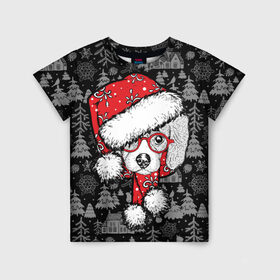 Детская футболка 3D с принтом Собака, Санта в Петрозаводске, 100% гипоаллергенный полиэфир | прямой крой, круглый вырез горловины, длина до линии бедер, чуть спущенное плечо, ткань немного тянется | дед мороз | новогодний | рождество | шапка | шарф