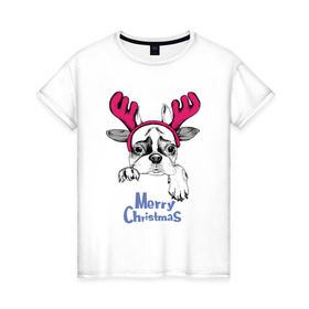 Женская футболка хлопок с принтом Бульдог Олень в Петрозаводске, 100% хлопок | прямой крой, круглый вырез горловины, длина до линии бедер, слегка спущенное плечо | Тематика изображения на принте: breed | bulldog | christmas | deer | dog | holiday | horns | ne | santa claus | scarf | snow | snowflakes | winter | бульдог | дед мороз | зима | новый год | олень | очки | порода | праздник | рога | рождество | санта клаус | снег | снежинки | с