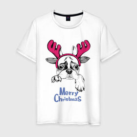 Мужская футболка хлопок с принтом Бульдог Олень в Петрозаводске, 100% хлопок | прямой крой, круглый вырез горловины, длина до линии бедер, слегка спущенное плечо. | Тематика изображения на принте: breed | bulldog | christmas | deer | dog | holiday | horns | ne | santa claus | scarf | snow | snowflakes | winter | бульдог | дед мороз | зима | новый год | олень | очки | порода | праздник | рога | рождество | санта клаус | снег | снежинки | с