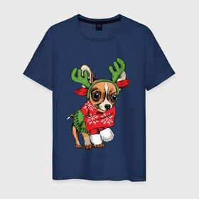Мужская футболка хлопок с принтом Год собаки в Петрозаводске, 100% хлопок | прямой крой, круглый вырез горловины, длина до линии бедер, слегка спущенное плечо. | christmas | deer | dog | holiday | horns | new year | scarf | snow | snowflakes | sweater | winter | зима | новый год | олень | праздник | рога | рождество | свитер | снег | снежинки | собака | шарф