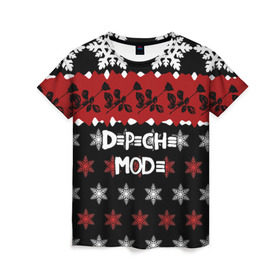 Женская футболка 3D с принтом Праздничный Depeche Mode в Петрозаводске, 100% полиэфир ( синтетическое хлопкоподобное полотно) | прямой крой, круглый вырез горловины, длина до линии бедер | depeche mode | вестник моды | депеш мод | дэйв гаан | мартин гор | новогодний | новый год | рождество | роза | снежинки | энди флетчер
