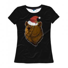 Женская футболка 3D с принтом Новогодний медведь в Петрозаводске, 100% полиэфир ( синтетическое хлопкоподобное полотно) | прямой крой, круглый вырез горловины, длина до линии бедер | мишка | рождество | шапка