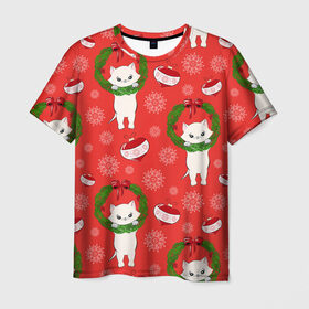 Мужская футболка 3D с принтом Новогодние кошки в Петрозаводске, 100% полиэфир | прямой крой, круглый вырез горловины, длина до линии бедер | зима | кот | новый год | подарок | рождество
