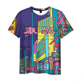 Мужская футболка 3D с принтом Токио в Петрозаводске, 100% полиэфир | прямой крой, круглый вырез горловины, длина до линии бедер | азия | буквы | вывески | иероглифы | кислота | мегаполис | неон | неонуар | флуо | япония | яркий