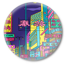 Значок с принтом Токио в Петрозаводске,  металл | круглая форма, металлическая застежка в виде булавки | Тематика изображения на принте: азия | буквы | вывески | иероглифы | кислота | мегаполис | неон | неонуар | флуо | япония | яркий