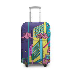 Чехол для чемодана 3D с принтом Токио в Петрозаводске, 86% полиэфир, 14% спандекс | двустороннее нанесение принта, прорези для ручек и колес | азия | буквы | вывески | иероглифы | кислота | мегаполис | неон | неонуар | флуо | япония | яркий