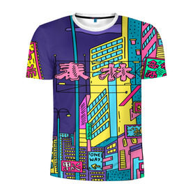 Мужская футболка 3D спортивная с принтом Токио в Петрозаводске, 100% полиэстер с улучшенными характеристиками | приталенный силуэт, круглая горловина, широкие плечи, сужается к линии бедра | азия | буквы | вывески | иероглифы | кислота | мегаполис | неон | неонуар | флуо | япония | яркий