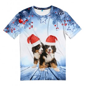 Мужская футболка 3D с принтом Новогодние собачки в Петрозаводске, 100% полиэфир | прямой крой, круглый вырез горловины, длина до линии бедер | christmas | new year | santa | год собаки | елка | елочки | новогодний | новый год | рождество | снег | снежинки | собака