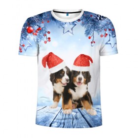 Мужская футболка 3D спортивная с принтом Новогодние собачки в Петрозаводске, 100% полиэстер с улучшенными характеристиками | приталенный силуэт, круглая горловина, широкие плечи, сужается к линии бедра | christmas | new year | santa | год собаки | елка | елочки | новогодний | новый год | рождество | снег | снежинки | собака