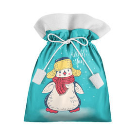 Подарочный 3D мешок с принтом Пингвин в шарфе в Петрозаводске, 100% полиэстер | Размер: 29*39 см | Тематика изображения на принте: зима | новый год | пингвин | подарок | рождество