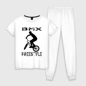 Женская пижама хлопок с принтом BMX FreeStyle в Петрозаводске, 100% хлопок | брюки и футболка прямого кроя, без карманов, на брюках мягкая резинка на поясе и по низу штанин | bmx | freestyle | велик | велосипед | трюки | экстрим