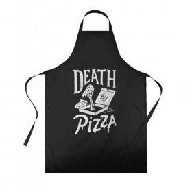 Фартук 3D с принтом Death By Pizza в Петрозаводске, 100% полиэстер | общий размер — 65 х 85 см, ширина нагрудника — 26 см, горловина — 53 см, длина завязок — 54 см, общий обхват в поясе — 173 см. Принт на завязках и на горловине наносится с двух сторон, на основной части фартука — только с внешней стороны | Тематика изображения на принте: рука | скелет | умереть от пицы