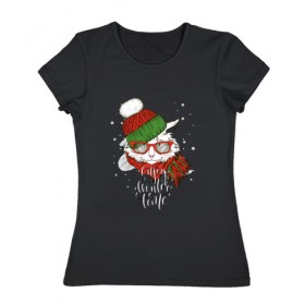Женская футболка хлопок с принтом Котик в шапке в Петрозаводске, 100% хлопок | прямой крой, круглый вырез горловины, длина до линии бедер, слегка спущенное плечо | зима | кот | новый год | подарок | рождество