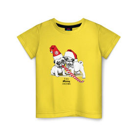 Детская футболка хлопок с принтом Мопсы в Петрозаводске, 100% хлопок | круглый вырез горловины, полуприлегающий силуэт, длина до линии бедер | Тематика изображения на принте: зима | мопс | новый год | подарок | рождество