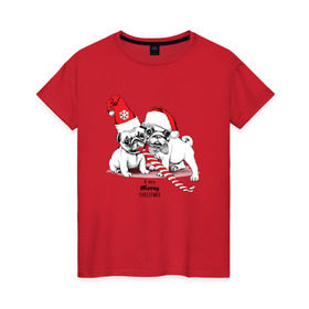 Женская футболка хлопок с принтом Мопсы в Петрозаводске, 100% хлопок | прямой крой, круглый вырез горловины, длина до линии бедер, слегка спущенное плечо | зима | мопс | новый год | подарок | рождество
