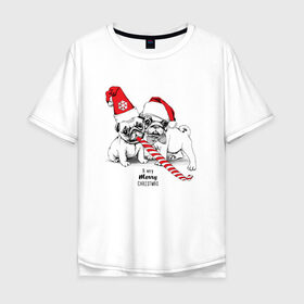 Мужская футболка хлопок Oversize с принтом Мопсы в Петрозаводске, 100% хлопок | свободный крой, круглый ворот, “спинка” длиннее передней части | зима | мопс | новый год | подарок | рождество