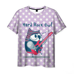 Мужская футболка 3D с принтом Hard rock owl в Петрозаводске, 100% полиэфир | прямой крой, круглый вырез горловины, длина до линии бедер | гитара | гитарист | музыка | музыкант
