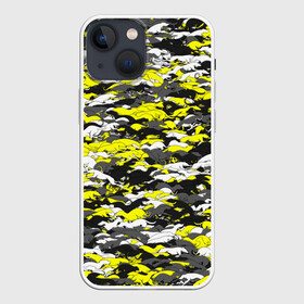 Чехол для iPhone 13 mini с принтом Камуфляж с гончими псами в Петрозаводске,  |  | гончая | желтый | камуфляж | милитари | охота | паттерн | серый | собака | собаки