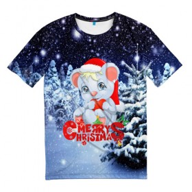 Мужская футболка 3D с принтом Милый зверёк в Петрозаводске, 100% полиэфир | прямой крой, круглый вырез горловины, длина до линии бедер | new year | елка | новогодний | новый год | рождество | снег | снежинки