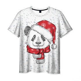 Мужская футболка 3D с принтом Панда Санта в Петрозаводске, 100% полиэфир | прямой крой, круглый вырез горловины, длина до линии бедер | дед мороз | зима | медведь | праздник | рождество | санта клаус | снег | шапка | шарф