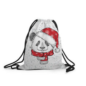 Рюкзак-мешок 3D с принтом Панда Санта в Петрозаводске, 100% полиэстер | плотность ткани — 200 г/м2, размер — 35 х 45 см; лямки — толстые шнурки, застежка на шнуровке, без карманов и подкладки | дед мороз | зима | медведь | праздник | рождество | санта клаус | снег | шапка | шарф