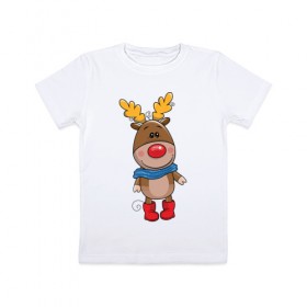 Детская футболка хлопок с принтом Олень в шарфике в Петрозаводске, 100% хлопок | круглый вырез горловины, полуприлегающий силуэт, длина до линии бедер | новогодний олень | олень | олень в шарфике