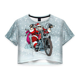 Женская футболка 3D укороченная с принтом Санта Клаус байкер в Петрозаводске, 100% полиэстер | круглая горловина, длина футболки до линии талии, рукава с отворотами | байк | дед мороз | зима | мотоцикл | рождество | снег