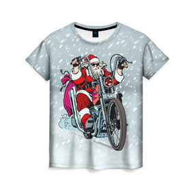 Женская футболка 3D с принтом Санта Клаус байкер в Петрозаводске, 100% полиэфир ( синтетическое хлопкоподобное полотно) | прямой крой, круглый вырез горловины, длина до линии бедер | байк | дед мороз | зима | мотоцикл | рождество | снег