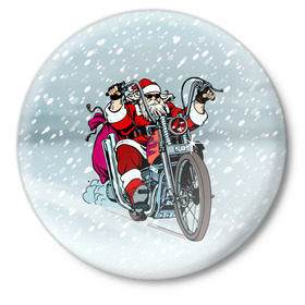 Значок с принтом Санта Клаус байкер в Петрозаводске,  металл | круглая форма, металлическая застежка в виде булавки | Тематика изображения на принте: байк | дед мороз | зима | мотоцикл | рождество | снег