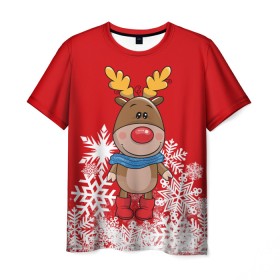 Мужская футболка 3D с принтом Олень в шарфике в Петрозаводске, 100% полиэфир | прямой крой, круглый вырез горловины, длина до линии бедер | Тематика изображения на принте: новогодний олень | новый год | олень | олень в шарфике | подарок на новый год