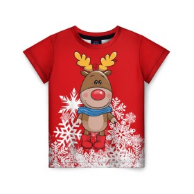 Детская футболка 3D с принтом Олень в шарфике в Петрозаводске, 100% гипоаллергенный полиэфир | прямой крой, круглый вырез горловины, длина до линии бедер, чуть спущенное плечо, ткань немного тянется | новогодний олень | новый год | олень | олень в шарфике | подарок на новый год