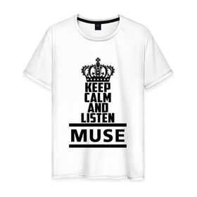 Мужская футболка хлопок с принтом Keep calm and listen Muse в Петрозаводске, 100% хлопок | прямой крой, круглый вырез горловины, длина до линии бедер, слегка спущенное плечо. | Тематика изображения на принте: muse | альтернативный | группа | доминик ховард | крис уолстенхолм | мосе | моус | моусе | муз | муза | музе | музыка | мусе | мэттью беллами | прогрессивный | рок | симфонический | спейс | спейсрок