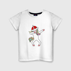 Детская футболка хлопок с принтом Единорог в шапке Санты Дэб в Петрозаводске, 100% хлопок | круглый вырез горловины, полуприлегающий силуэт, длина до линии бедер | дэб | единорог | новый год | санта