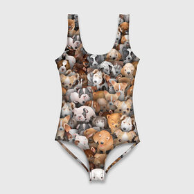 Купальник-боди 3D с принтом Щенки в Петрозаводске, 82% полиэстер, 18% эластан | Круглая горловина, круглый вырез на спине | бультерьер | корги | мопс | паттерн | пес | питбуль | породы | собака | собачка | хаски | щенок