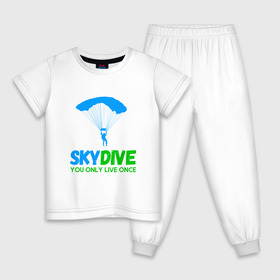 Детская пижама хлопок с принтом skydive в Петрозаводске, 100% хлопок |  брюки и футболка прямого кроя, без карманов, на брюках мягкая резинка на поясе и по низу штанин
 | Тематика изображения на принте: adrenaline | base jumping | extreme | jump | parachute | sky | skydive | адреналин | бейс | бейсджампинг | высота | небо | облака | парашют | полет | прыжок | риск | самолет | свобода | экстрим