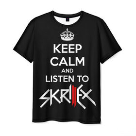 Мужская футболка 3D с принтом Skrillex keep calm в Петрозаводске, 100% полиэфир | прямой крой, круглый вырез горловины, длина до линии бедер | dub step | dubstep | keep calm | skrillex | даб степ | дабстеп | диджей | драм энд басс | скрилекс