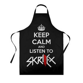 Фартук 3D с принтом Skrillex keep calm в Петрозаводске, 100% полиэстер | общий размер — 65 х 85 см, ширина нагрудника — 26 см, горловина — 53 см, длина завязок — 54 см, общий обхват в поясе — 173 см. Принт на завязках и на горловине наносится с двух сторон, на основной части фартука — только с внешней стороны | dub step | dubstep | keep calm | skrillex | даб степ | дабстеп | диджей | драм энд басс | скрилекс