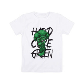 Детская футболка хлопок с принтом Брокколи Hardcore Green в Петрозаводске, 100% хлопок | круглый вырез горловины, полуприлегающий силуэт, длина до линии бедер | beard | broccoli | vegan | vegeterian | борода | брокколи | веган | вегетарианец | вегетарианство | зеленый | овощ | персонаж | слоган | усы