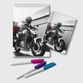 Блокнот с принтом Kawasaki в Петрозаводске, 100% бумага | 48 листов, плотность листов — 60 г/м2, плотность картонной обложки — 250 г/м2. Листы скреплены удобной пружинной спиралью. Цвет линий — светло-серый
 | motorbike | motorcycle | race | rider | ryder | speed | yamaha | байк | гонки | гонщик | кавасаки | мото | мотобайк | мотоцикл | райдер | скорость | ямаха